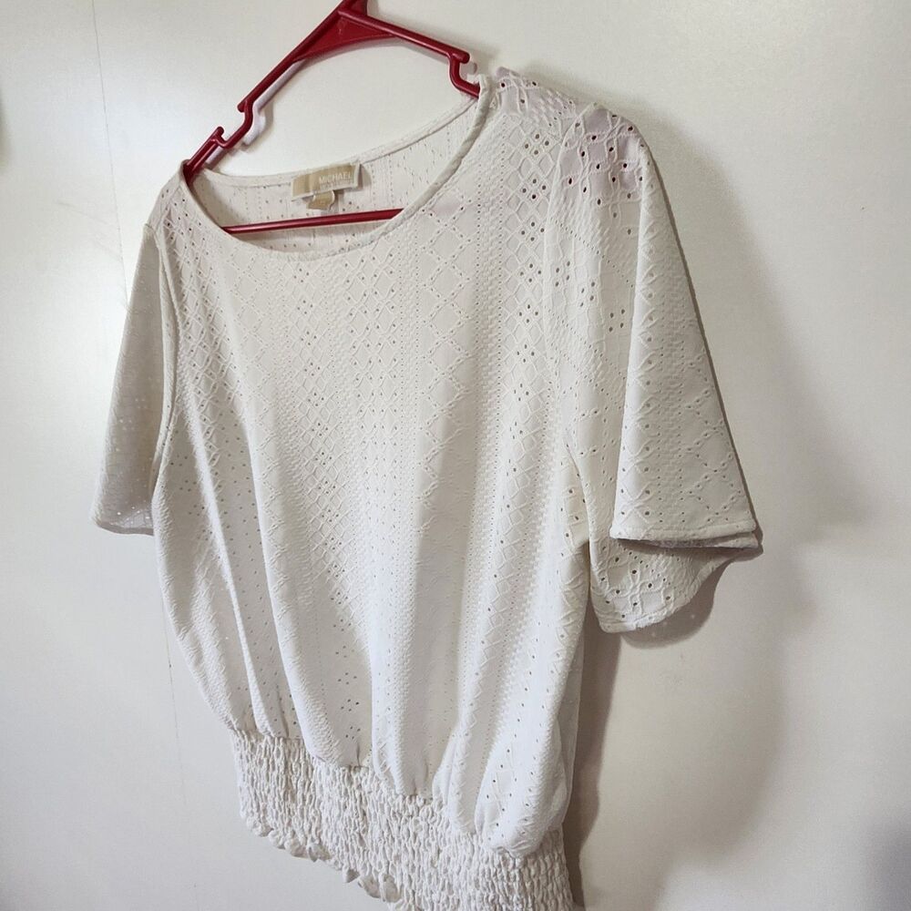 Michael Kors White Eyelet Short Sleeve Smocked Waist Top Blouse Womens Medium - Picture 2 of 10